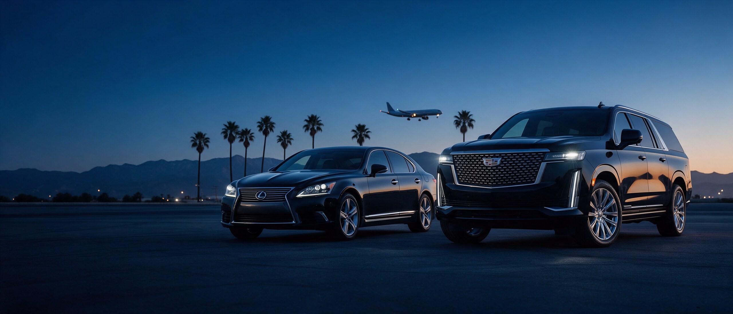 Lexus Sedan and Black Cadillac Escalade at blue hour with a plane in the sky