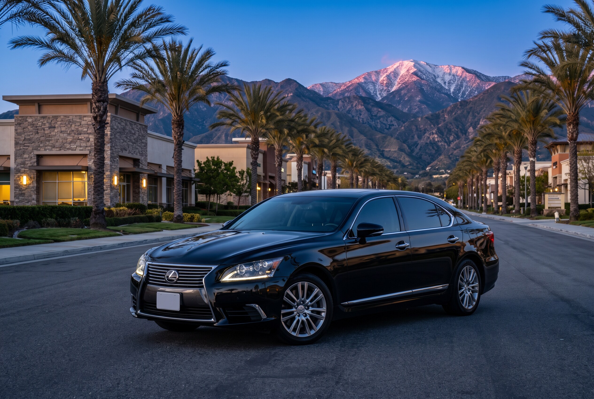 Lexus Sedan on a palm-lined boulevard below a snow-capped mountain at blue hour
