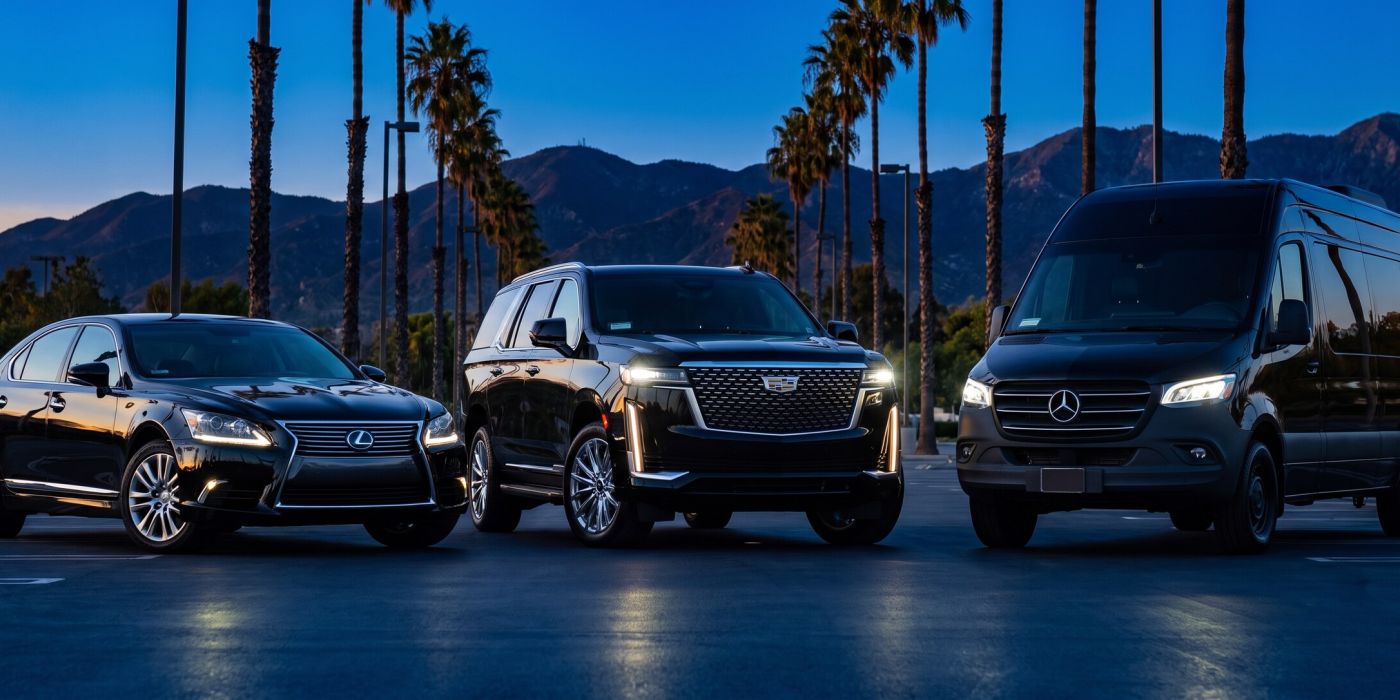 Lexus Sedan, Black Cadillac Escalade and Black Mercedes-Benz Sprinter parked in a row at dusk with palm trees and mountains behind