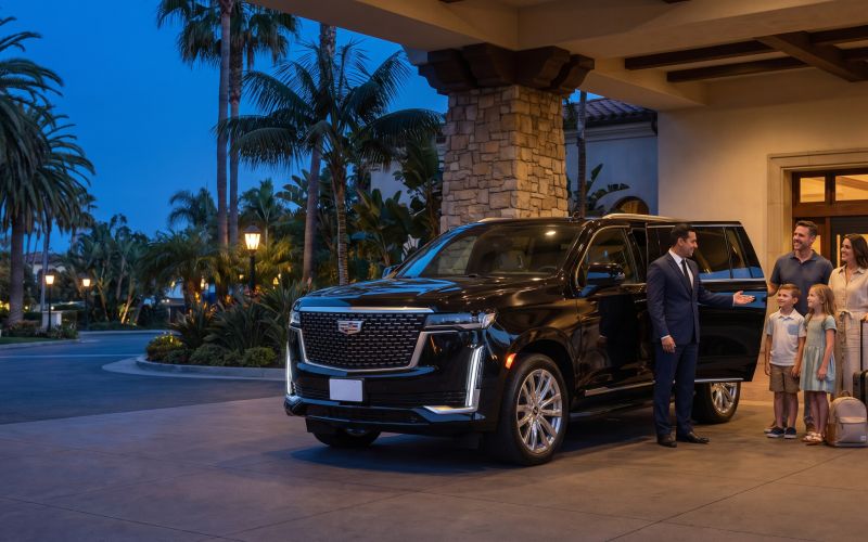 Black Cadillac Escalade with a family arriving at a resort hotel entrance at dusk