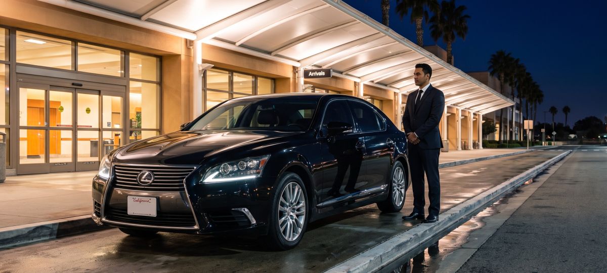 Chauffeur waiting beside the Lexus Sedan at a quiet airport curb at night