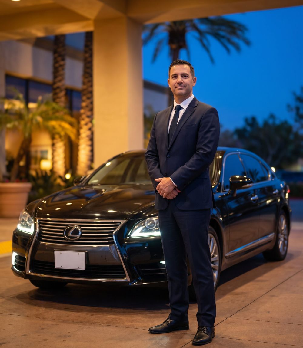 Professional chauffeur in a dark suit standing beside the Lexus Sedan at a hotel entrance at dusk